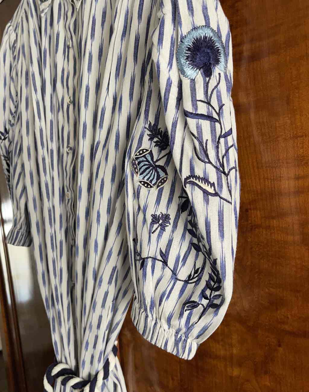 Ikat Blue Kaftan | Embroidered Flowers on Puffed Sleeves | Side Pockets