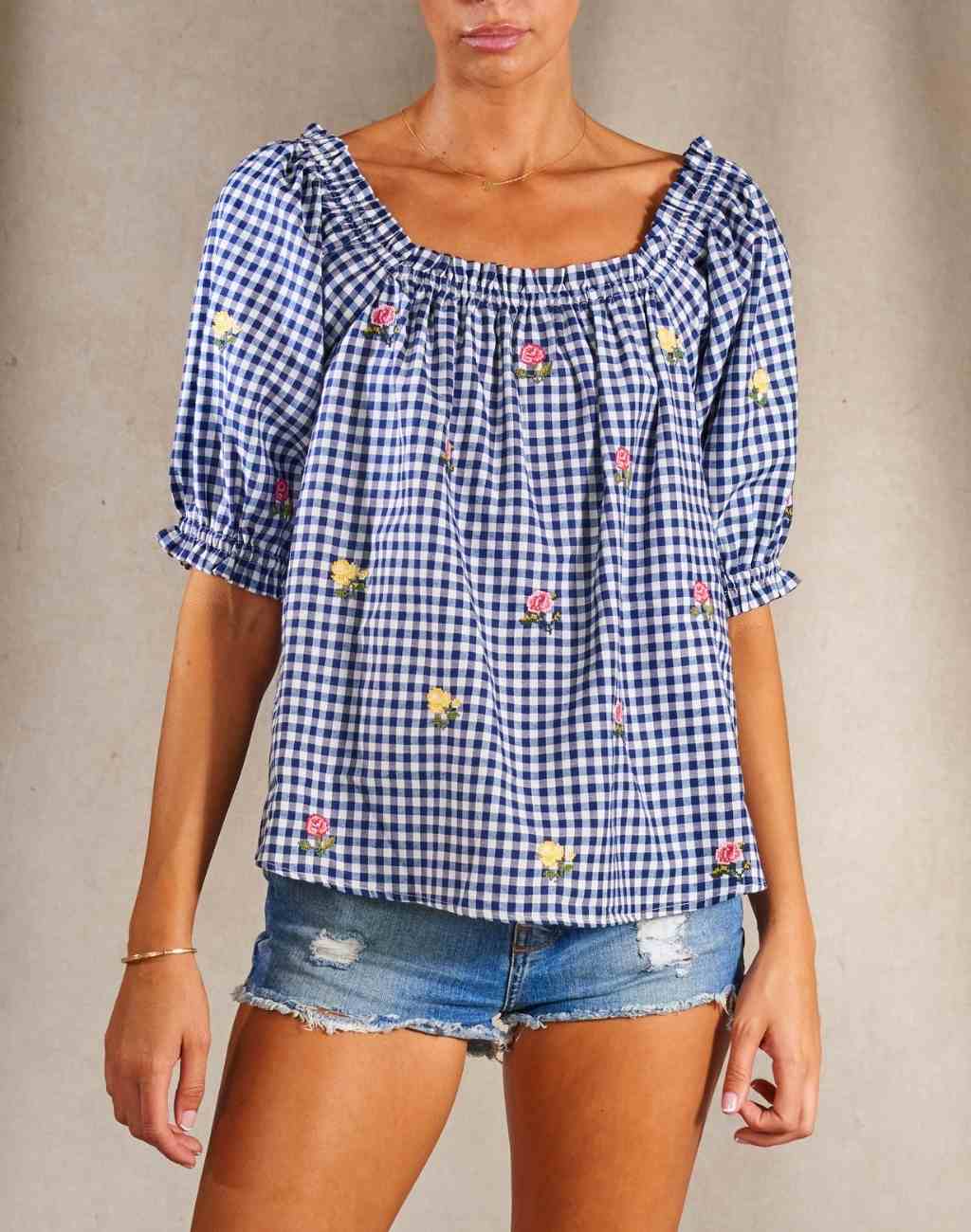 Navy and White Gingham Top with Elasticized Neck | Embroidered Flowers - Visit Nifty M.A.B.E. 