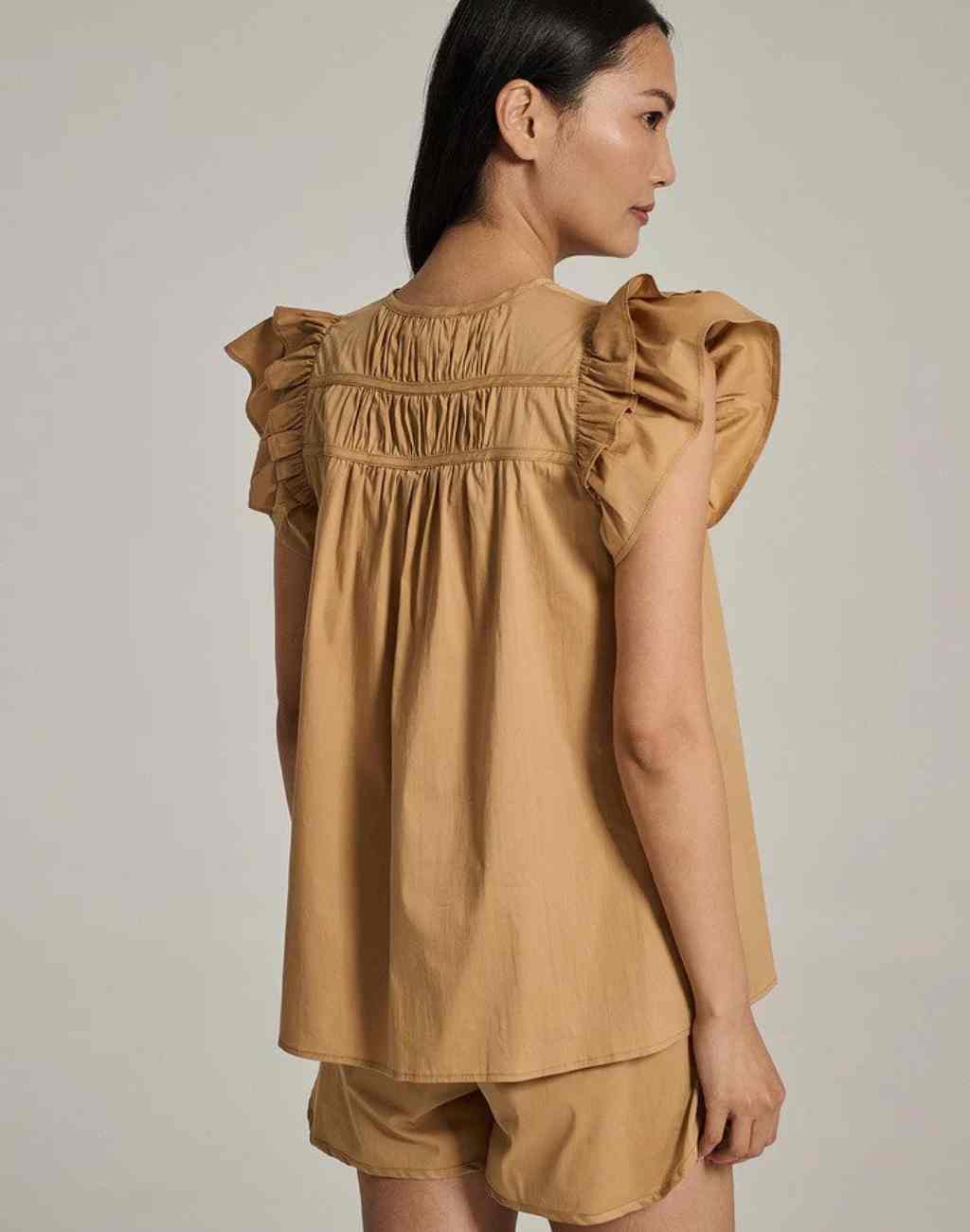 Kunzitis Blouse with Tiered Flutter Sleeves, Pintuck Details and Ties | Beige or White