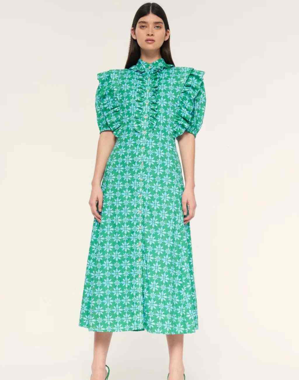 Midi Dress with Ruffled Button Placket, Puffed Sleeves and Full Skirt