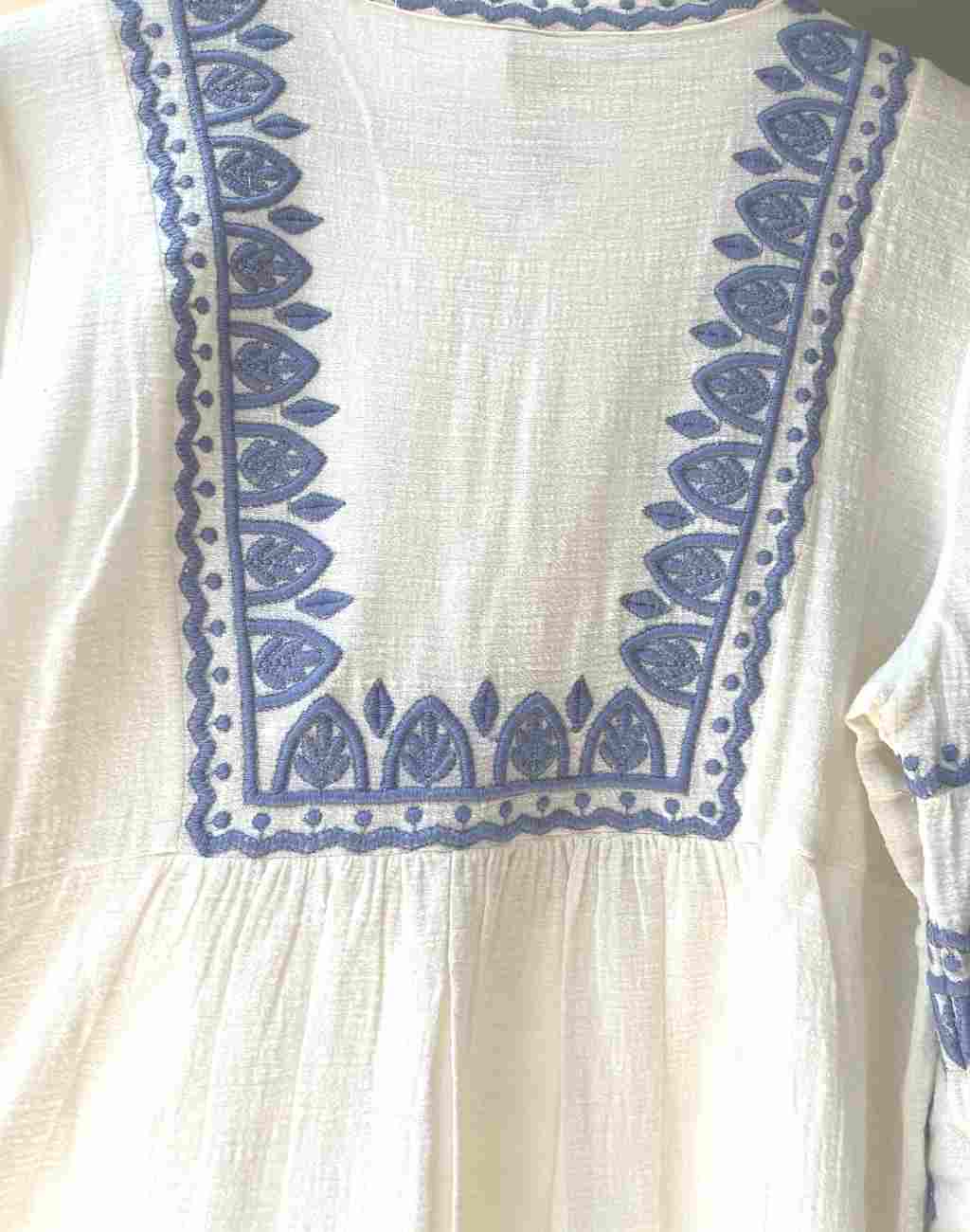 White Boho Mini Dress with Blue Embroidery | Billowed Sleeves - Visit Nifty Scarlett Poppies 