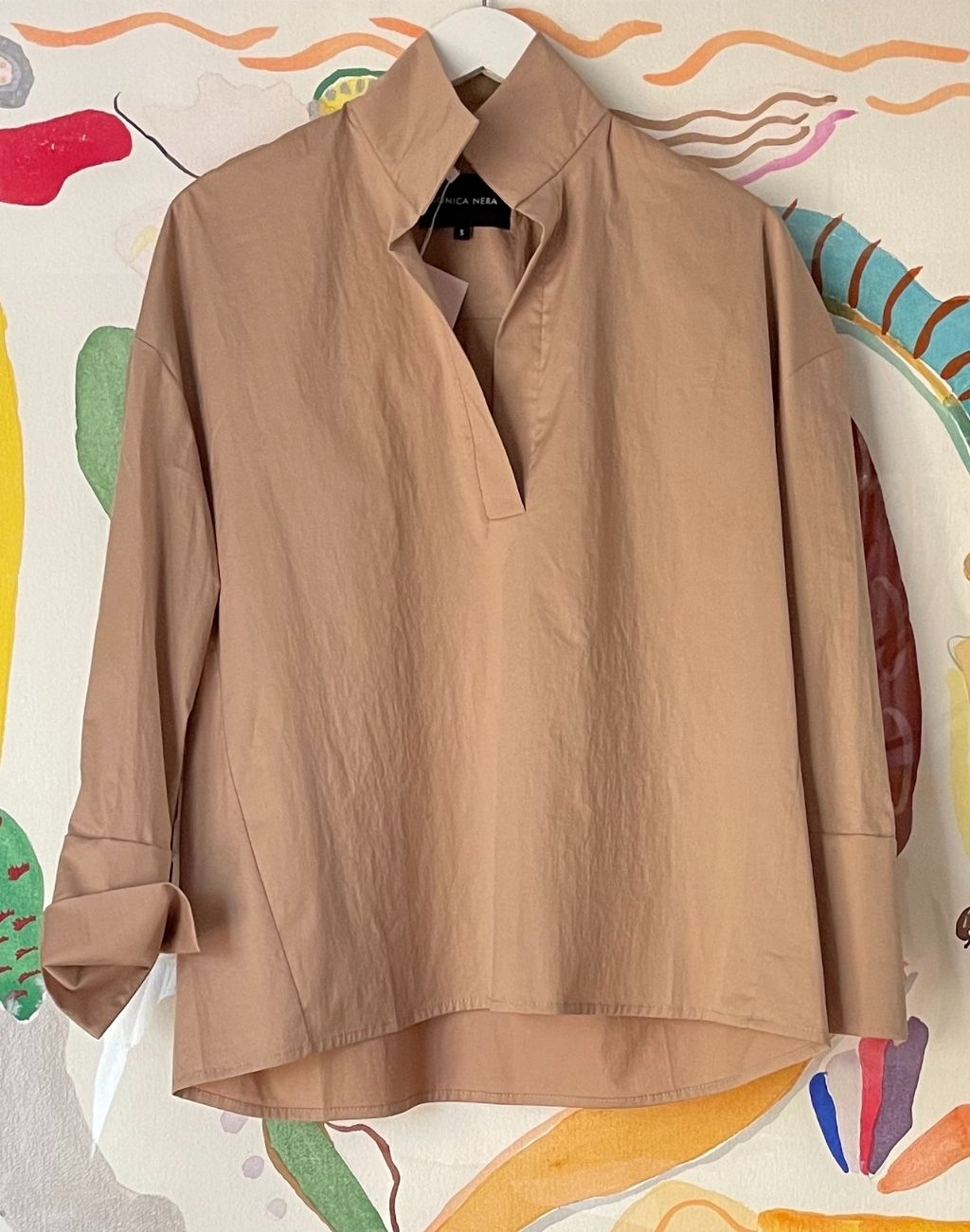 Classic Cotton Poplin Grace Shirt in Beige - V-Neck with Collar | Statement Cuffs with Buttons - Visit Nifty Monica Nera 