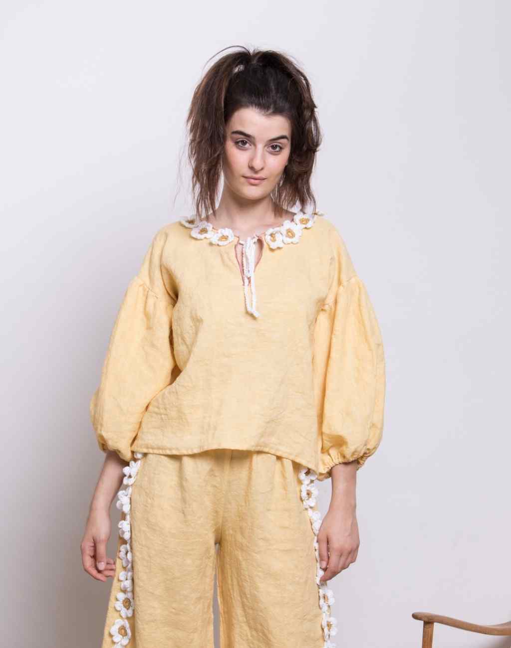 Yellow loulou Linen Blouse with Crocheted Daisies and Tie | Balloon Sleeves